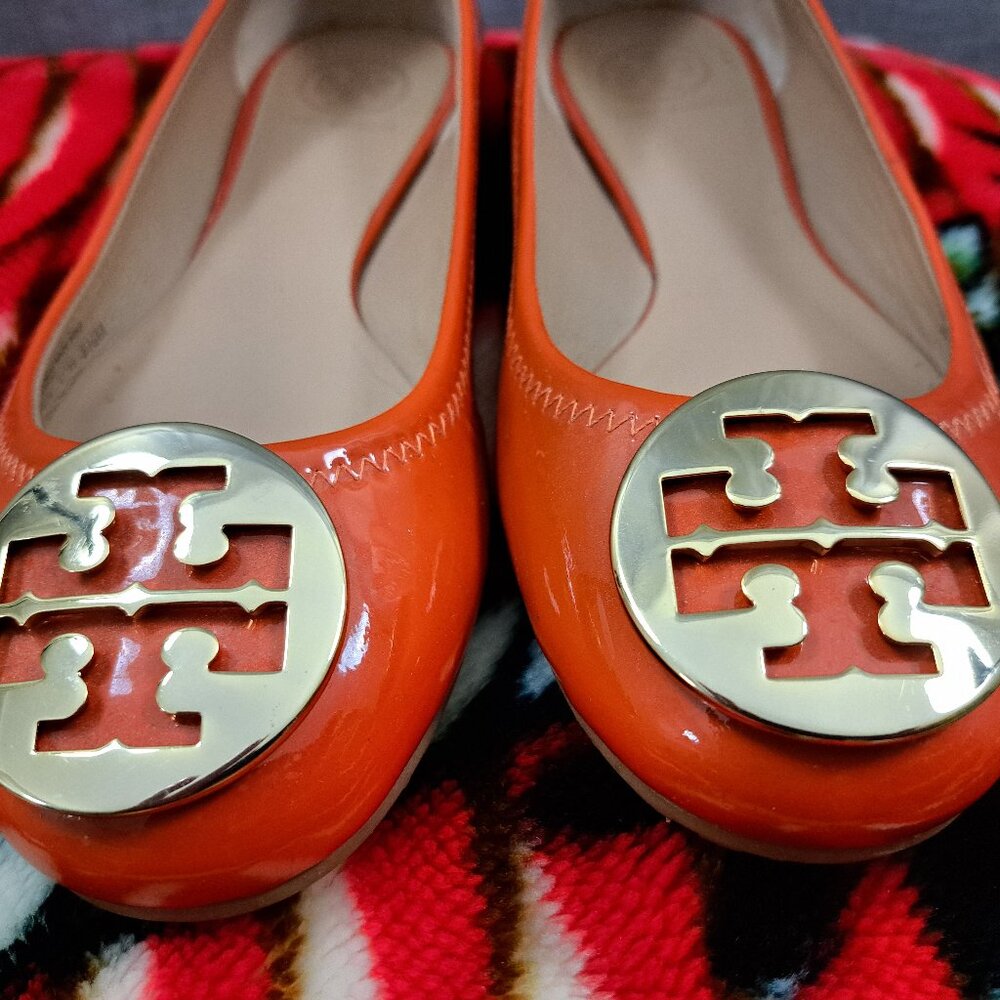 %Tory Burch Gold 'reva' Ballet Flat Orange Patent Leather Shoe Size 8.5M / D3 - Picture 5 of 11
